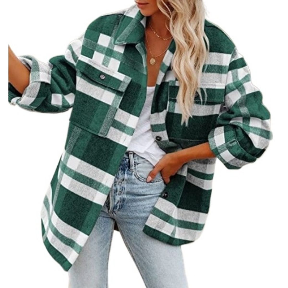 GIOIO - Chaqueta de franela de cuadros con botones para mujer