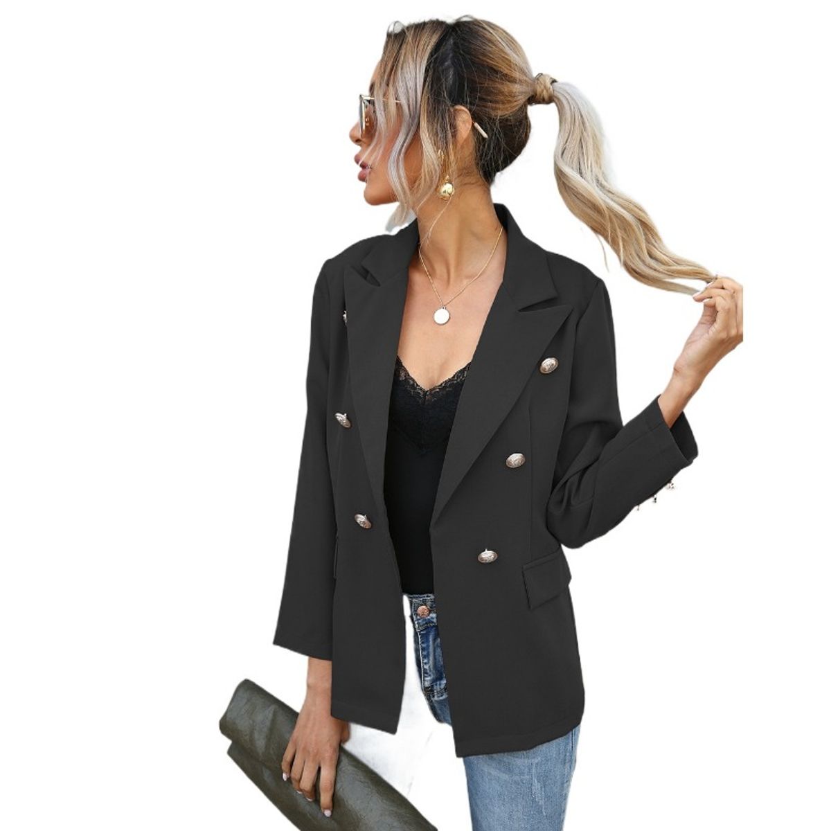 GIOIO - Chaqueta mujer estilo europeo manga larga con botones casual entallada