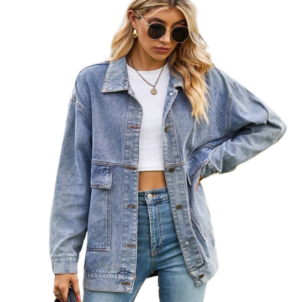 GIOIO - Chaqueta denim mujer clasica holgada retro estiliza casual