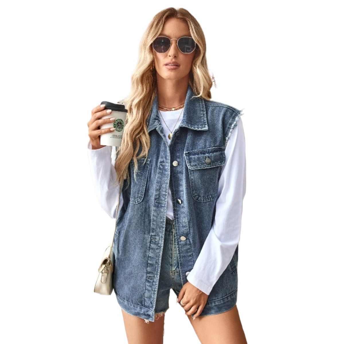 GIOIO - Chaleco denim lavado mujer holgado casual abierto