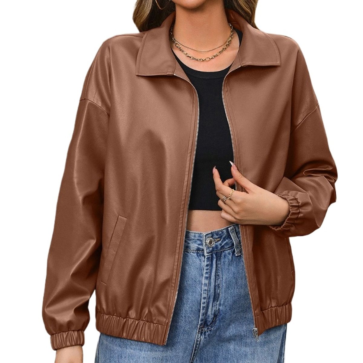 GIOIO - Chaqueta Mujer Piel PU Solapa Manga Larga Estilo Motera Casual