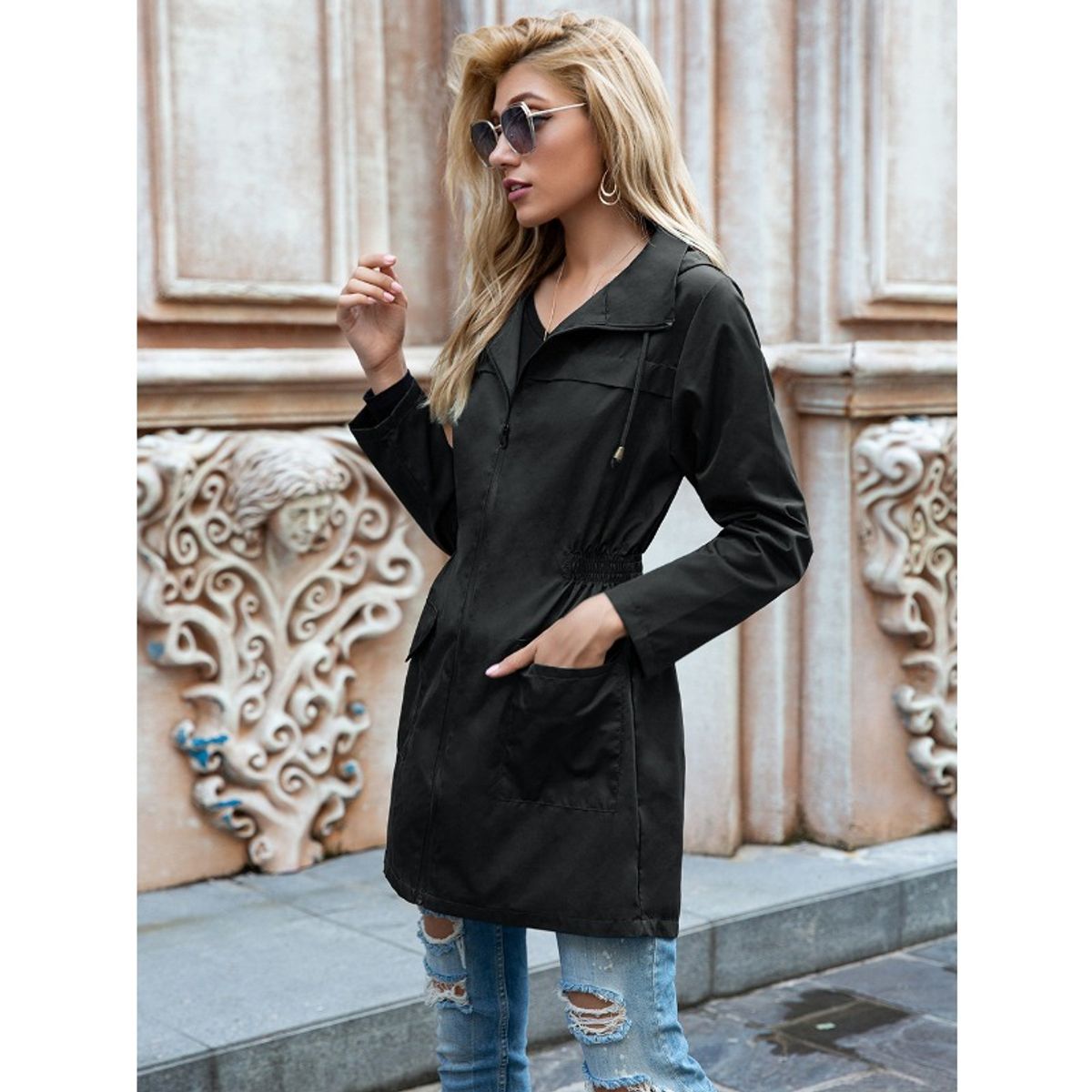 GIOIO - Chaqueta impermeable mujer con capucha y cinturon para montaña casual