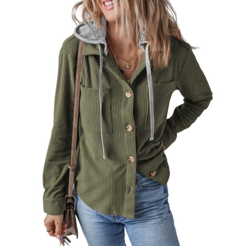 GIOIO - Chaqueta Mujer Solapa Hebilla Capucha Cordón Rayas Otoño Invierno