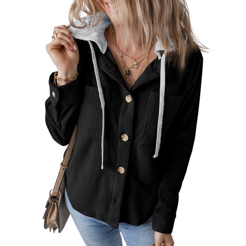 GIOIO - Chaqueta Mujer Solapa Hebilla Capucha Cordón Rayas Otoño Invierno