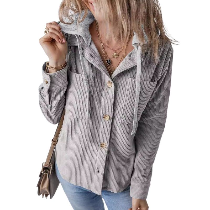 GIOIO - Chaqueta Mujer Solapa Hebilla Capucha Cordón Rayas Otoño Invierno