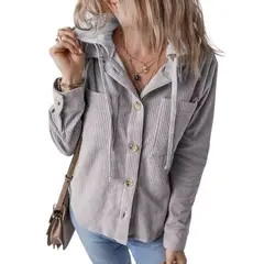 GIOIO - Chaqueta Mujer Solapa Hebilla Capucha Cordón Rayas Otoño Invierno