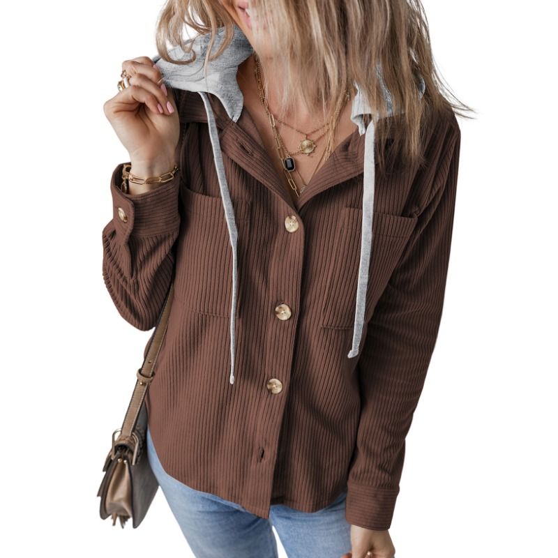 GIOIO - Chaqueta Mujer Solapa Hebilla Capucha Cordón Rayas Otoño Invierno