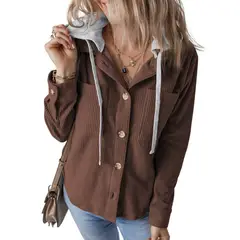 GIOIO - Chaqueta Mujer Solapa Hebilla Capucha Cordón Rayas Otoño Invierno