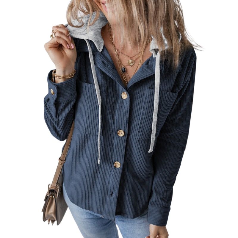 GIOIO - Chaqueta Mujer Solapa Hebilla Capucha Cordón Rayas Otoño Invierno