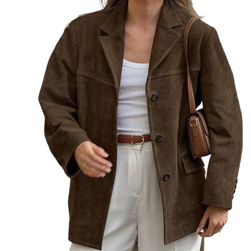 GIOIO - Chaqueta mujer de ante marron con cuello retro holgada casual.