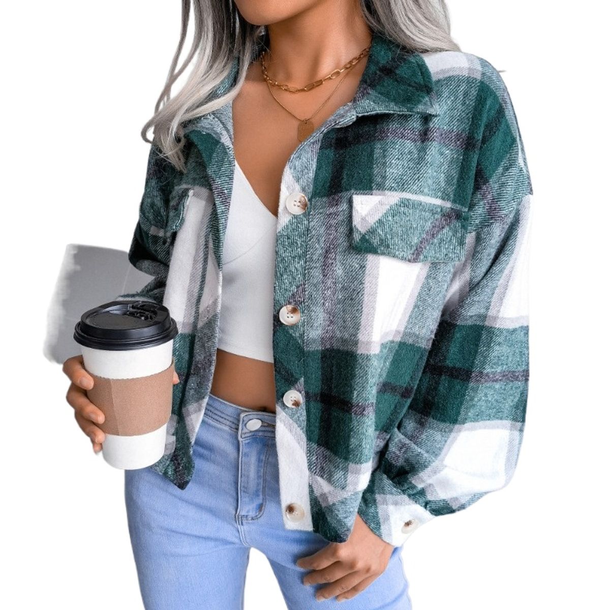 GIOIO - Chaqueta Mujer Cuadros Mangas Globo Lana Otoño Invierno