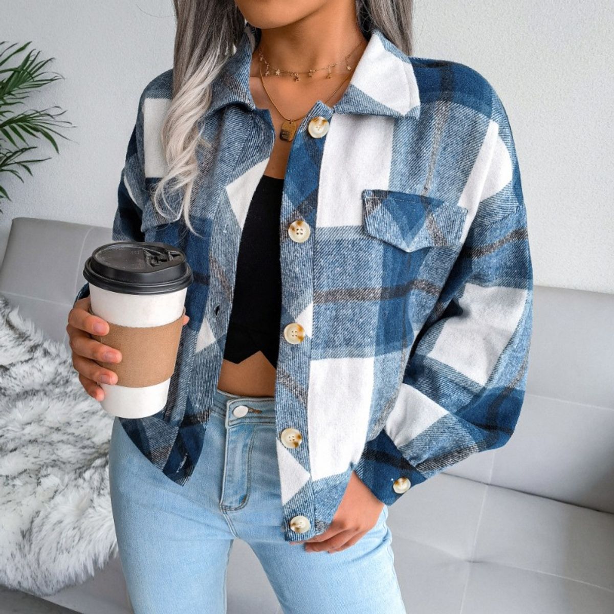 GIOIO - Chaqueta Mujer Cuadros Mangas Globo Lana Otoño Invierno