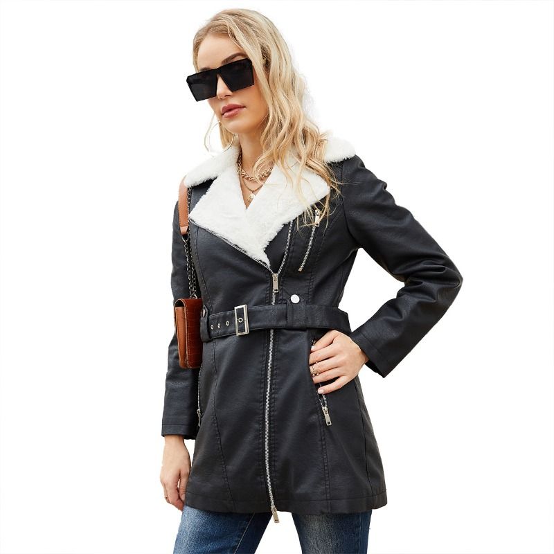 GIOIO - Chaqueta Mujer Piel Forro Polar Solapa Cremallera Doble Invierno