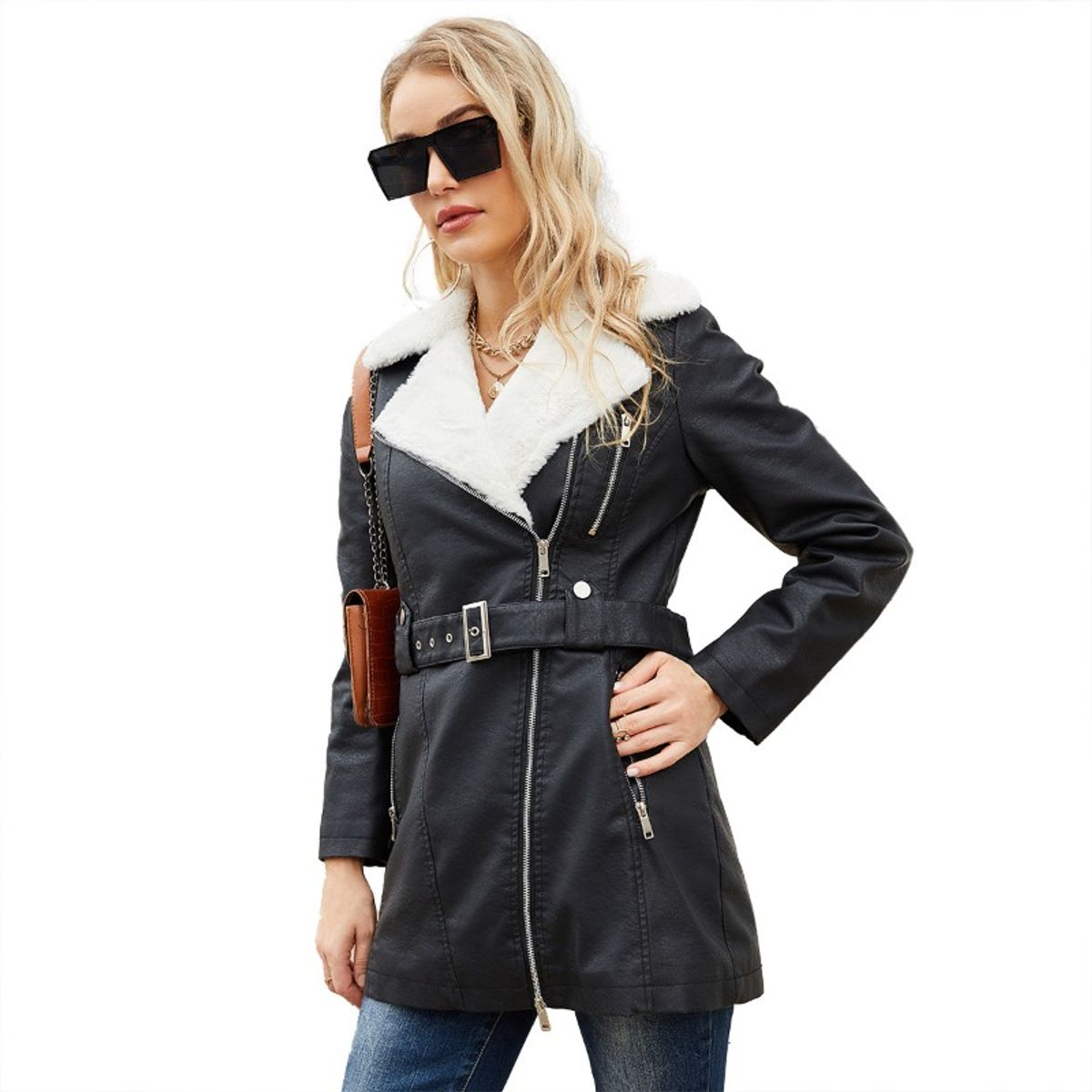 GIOIO - Chaqueta Mujer Piel Forro Polar Solapa Cremallera Doble Invierno