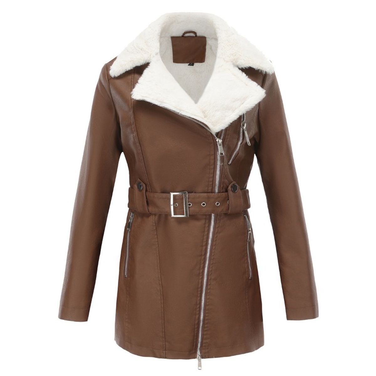 GIOIO - Chaqueta Mujer Piel Forro Polar Solapa Cremallera Doble Invierno