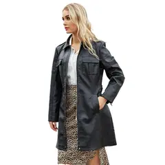 GIOIO - Chaqueta mujer de cuero larga con cinturon estilo britanico elegante