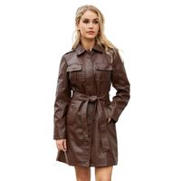 Chaqueta mujer de PU larga con cinturon estilo britanico elegante