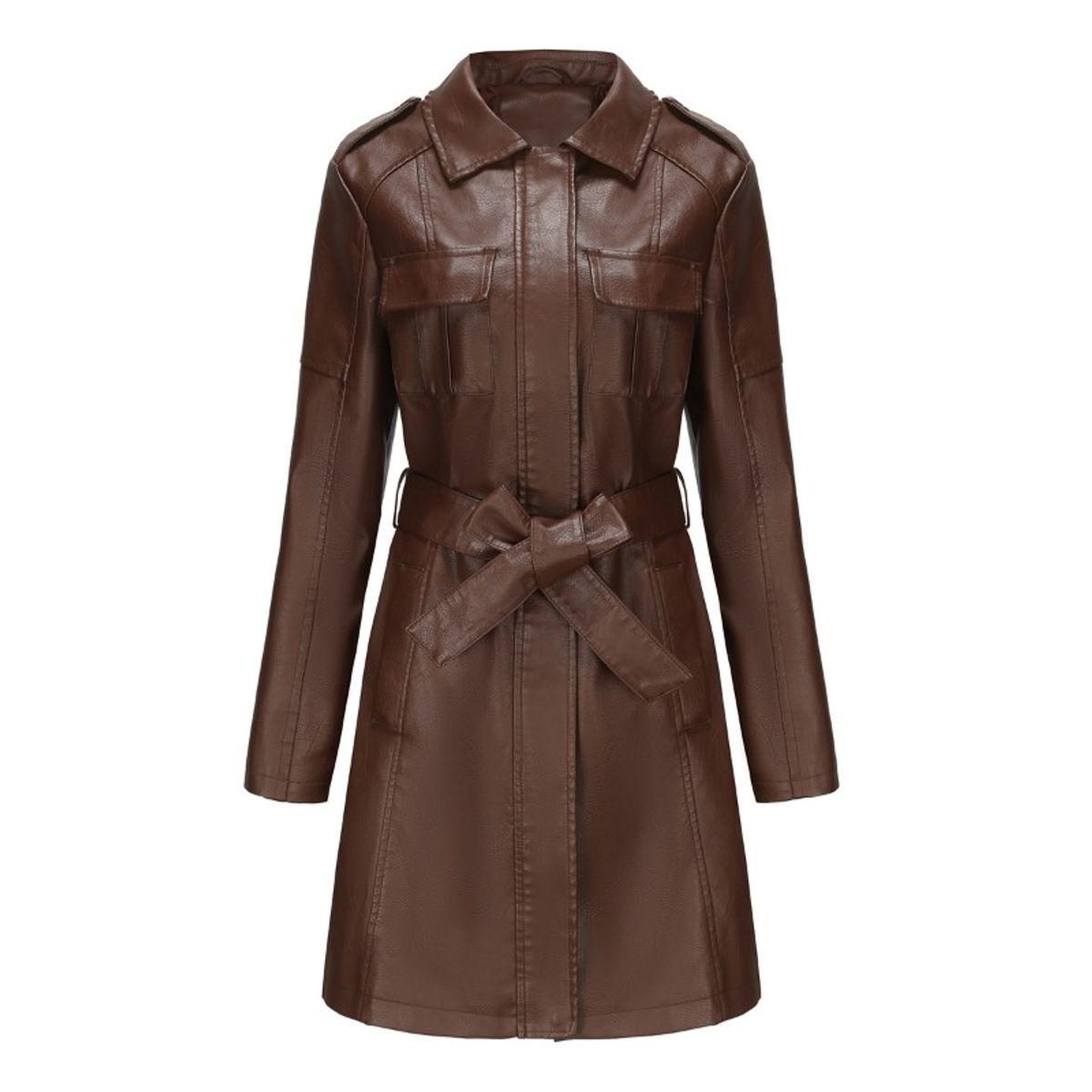GIOIO - Chaqueta mujer de PU larga con cinturon estilo britanico elegante