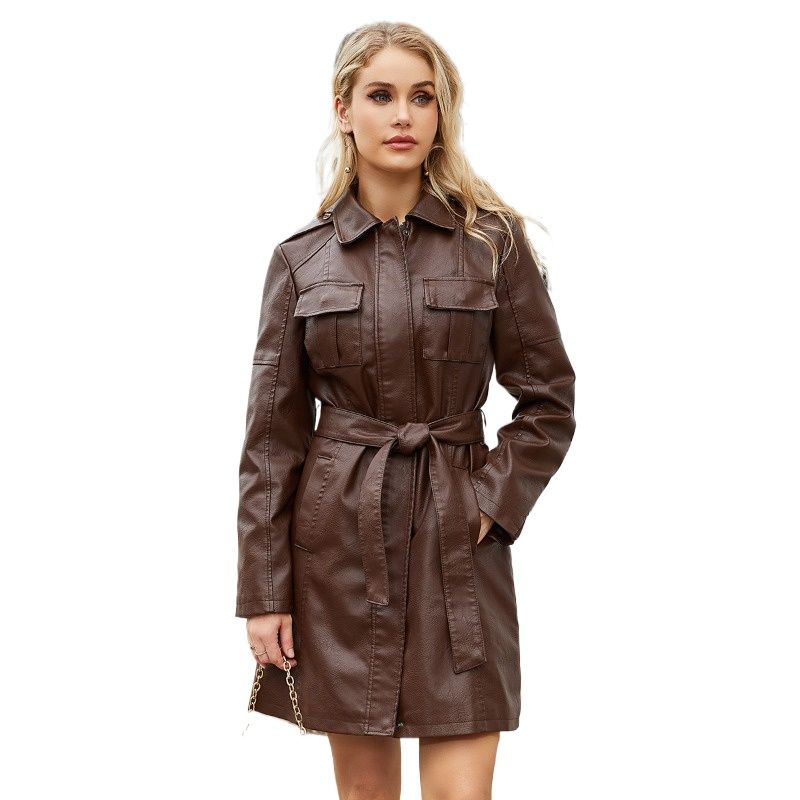 GIOIO - Chaqueta mujer de cuero larga con cinturon estilo britanico elegante
