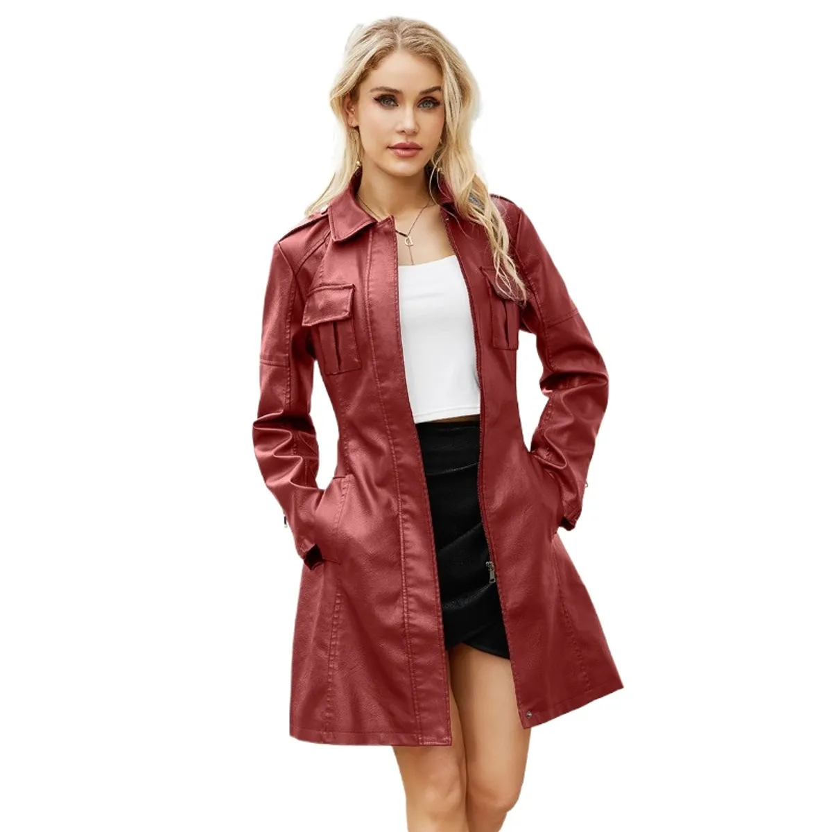 GIOIO - Chaqueta mujer de PU larga con cinturon estilo britanico elegante