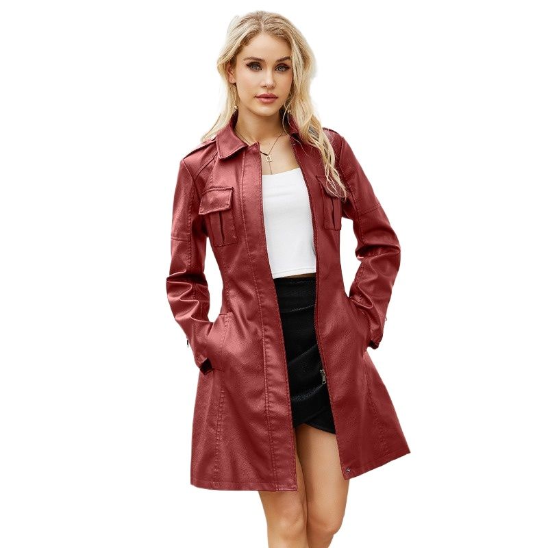 GIOIO - Chaqueta mujer de cuero larga con cinturon estilo britanico elegante