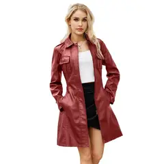 GIOIO - Chaqueta mujer de cuero larga con cinturon estilo britanico elegante