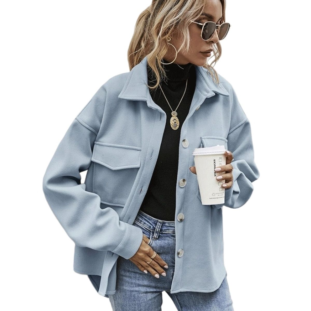 GIOIO - Abrigo Mujer Solapa Cuello Botonadura Simple Lana Grueso Holgado