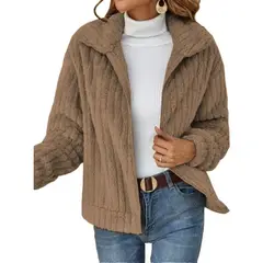 GIOIO - Chaqueta Mujer Manga Larga Cuello Solapa Peluche Lana Doble Cara