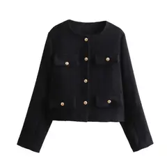 GIOIO - Chaqueta Mujer Tweed Corto Botones Decorativos Elegante Otoño Invierno
