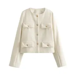 GIOIO - Chaqueta Mujer Tweed Corto Botones Decorativos Elegante Otoño Invierno
