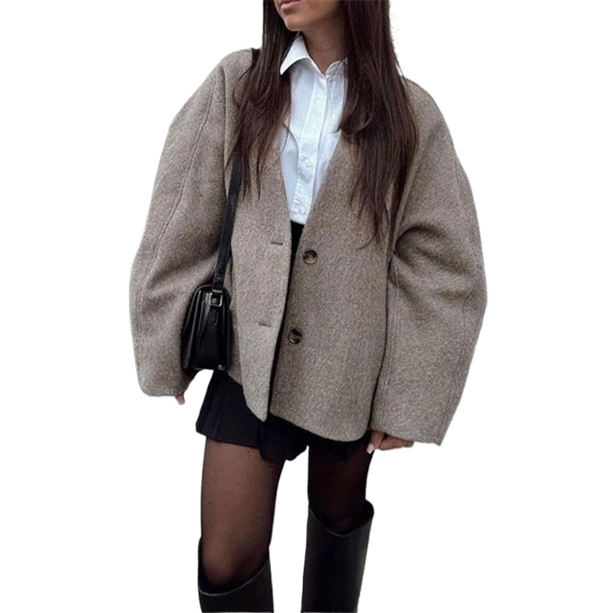 GIOIO - Chaqueta Mujer Marrón Cuello Solapa Ante Holgado Estilo Vintage