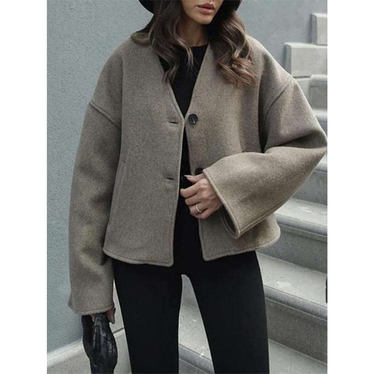 GIOIO - Chaqueta Mujer Marrón Cuello Solapa Ante Holgado Estilo Vintage