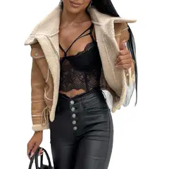 GIOIO - Chaqueta Mujer Peluche Corta Cremallera Motera Casual Invierno