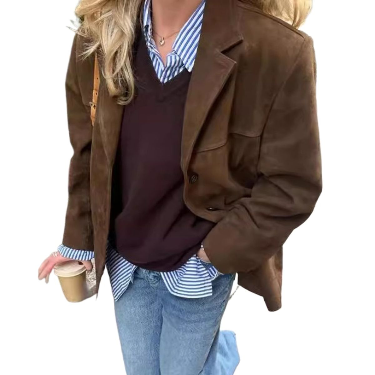 GIOIO - Chaqueta Mujer Marrón Solapa Manga Larga Botones Retro Urbano