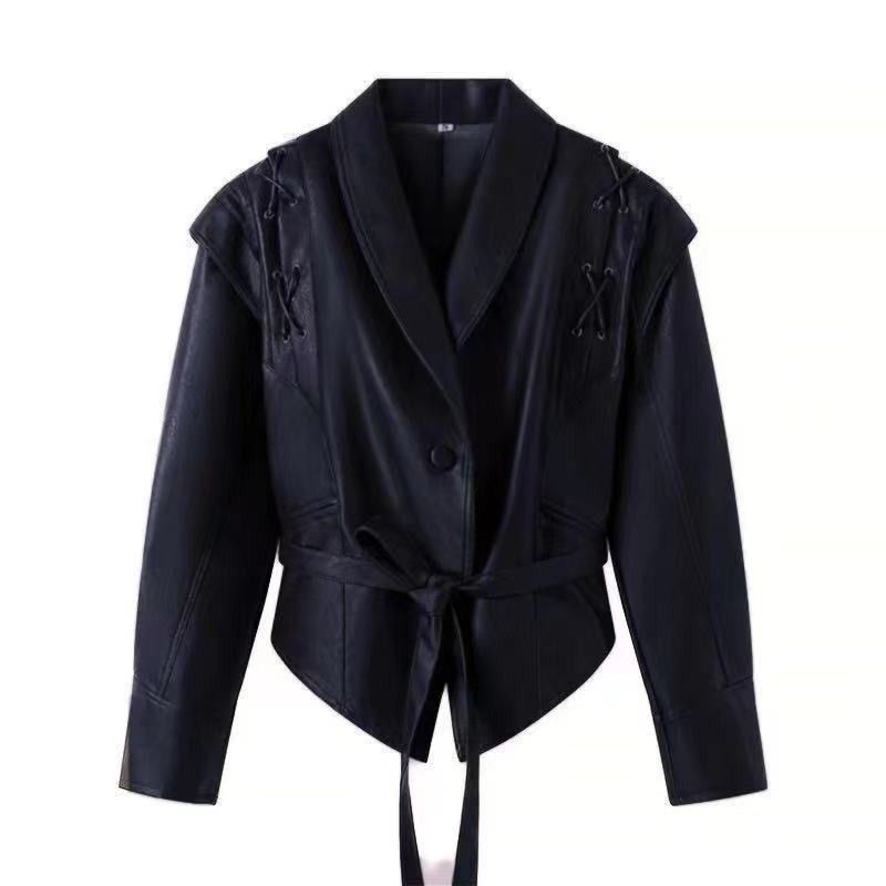 GIOIO - Chaqueta Mujer Piel Solapa Cordón Manga Larga Estilo Urbano Elegante