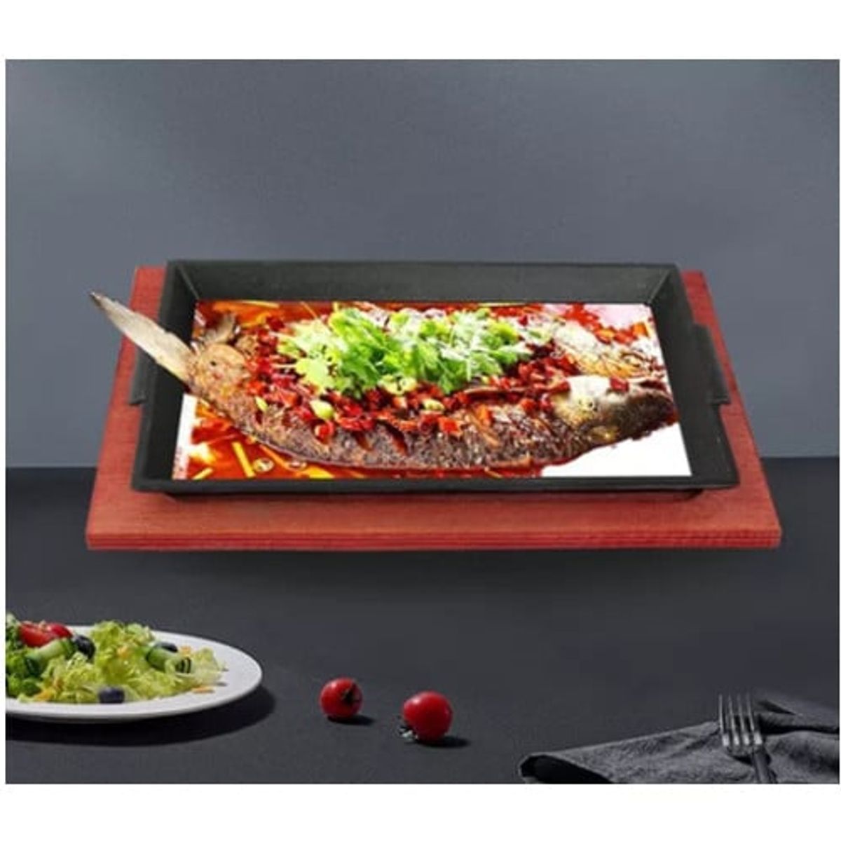 KUANGYE - Plato De Fierro Fundido Rectangular Con Base De Madera 29cm