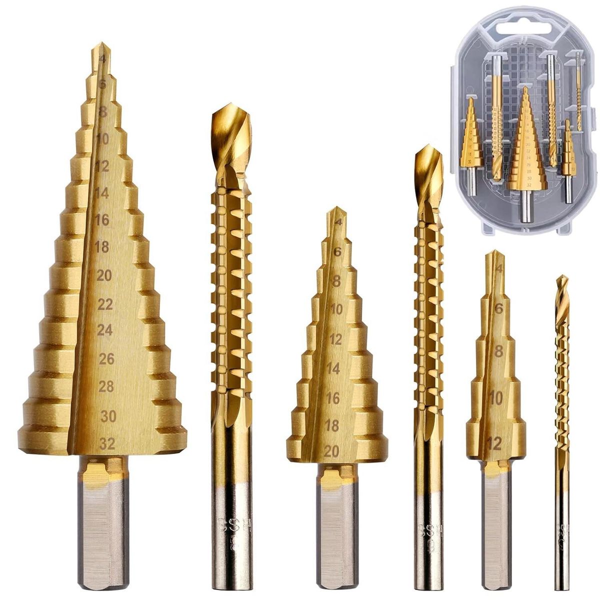 KUANGYE - Set 6 Brocas Cónicas Acero Rápido Titanio Metal