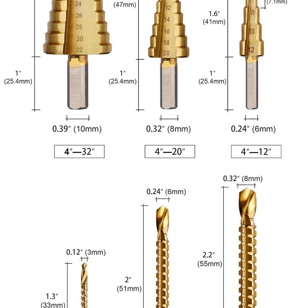 KUANGYE - Set 6 Brocas Cónicas Acero Rápido Titanio Metal