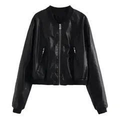 GIOIO - Chaqueta Piloto Mujer Cuero Corta Cuello Alto Moda
