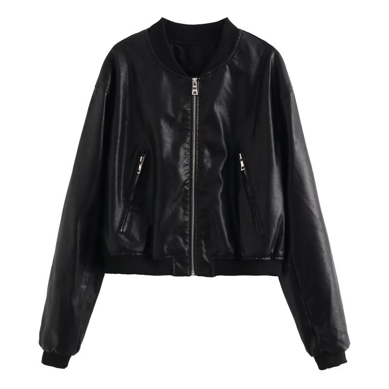 GIOIO - Chaqueta Piloto Mujer Cuero Corta Cuello Alto Moda