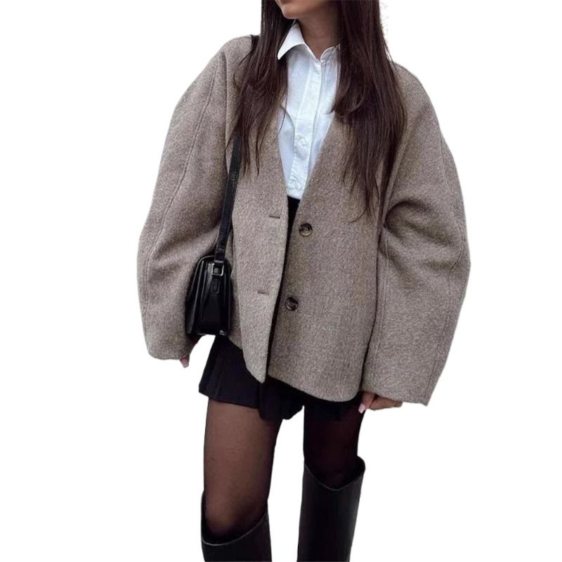 GIOIO - Chaqueta Mujer Pana Retro Gris Taupe Solapa Moda Diario