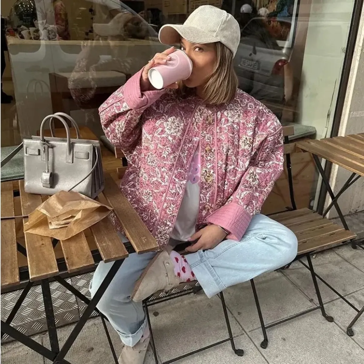 GIOIO - Chaqueta Mujer Algodón Flores Cuello Redondo Casual Moda