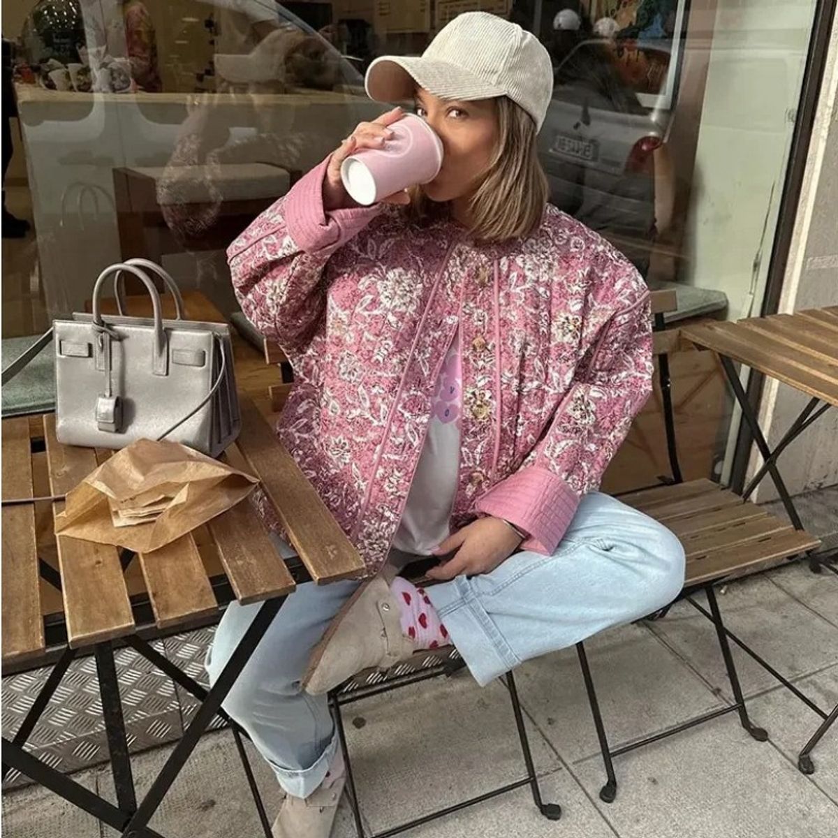 GIOIO - Chaqueta Mujer Algodón Flores Cuello Redondo Casual Moda