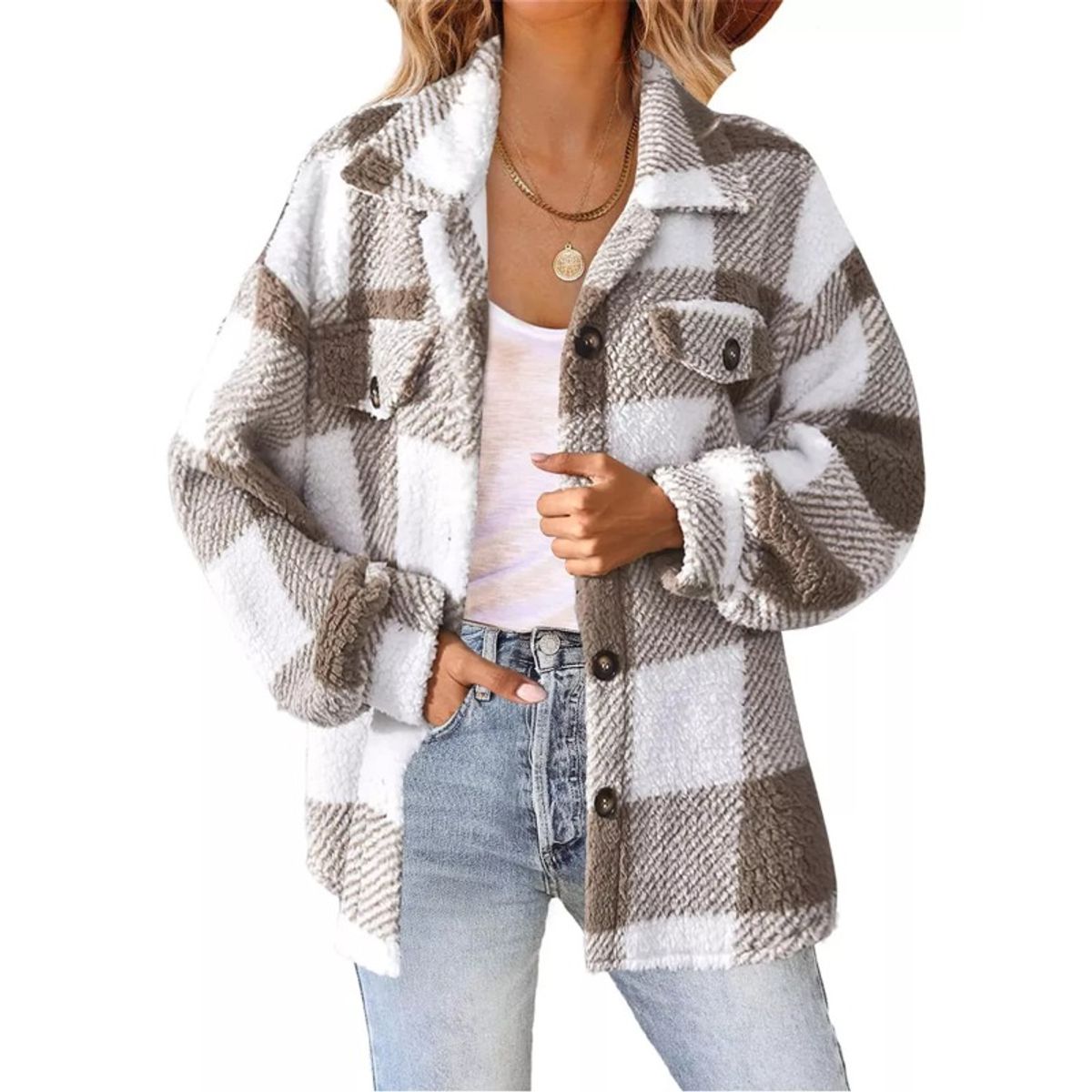GIOIO - Chamarras Suelta A Cuadros Con Solapa Chaqueta Mujer
