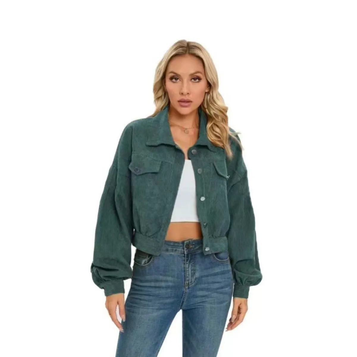 GIOIO - Chamarra Casual De Pana Con Solapa Y Manga Globo Para Mujer