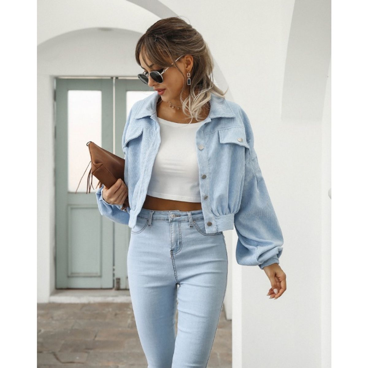 GIOIO - Chamarra Casual De Pana Con Solapa Y Manga Globo Para Mujer