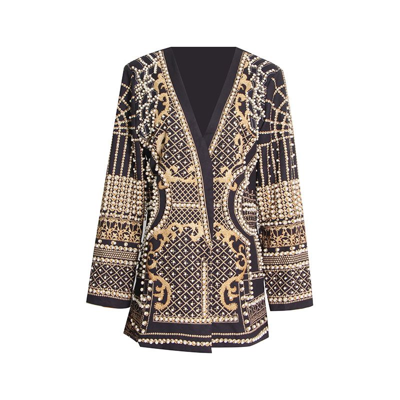 GIOIO - Chaqueta Mujer Estilo Francés Cuello V Perlas Estampado