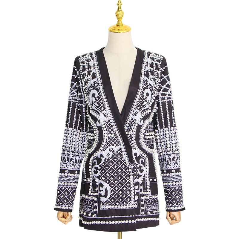 GIOIO - Chaqueta Mujer Estilo Francés Cuello V Perlas Estampado