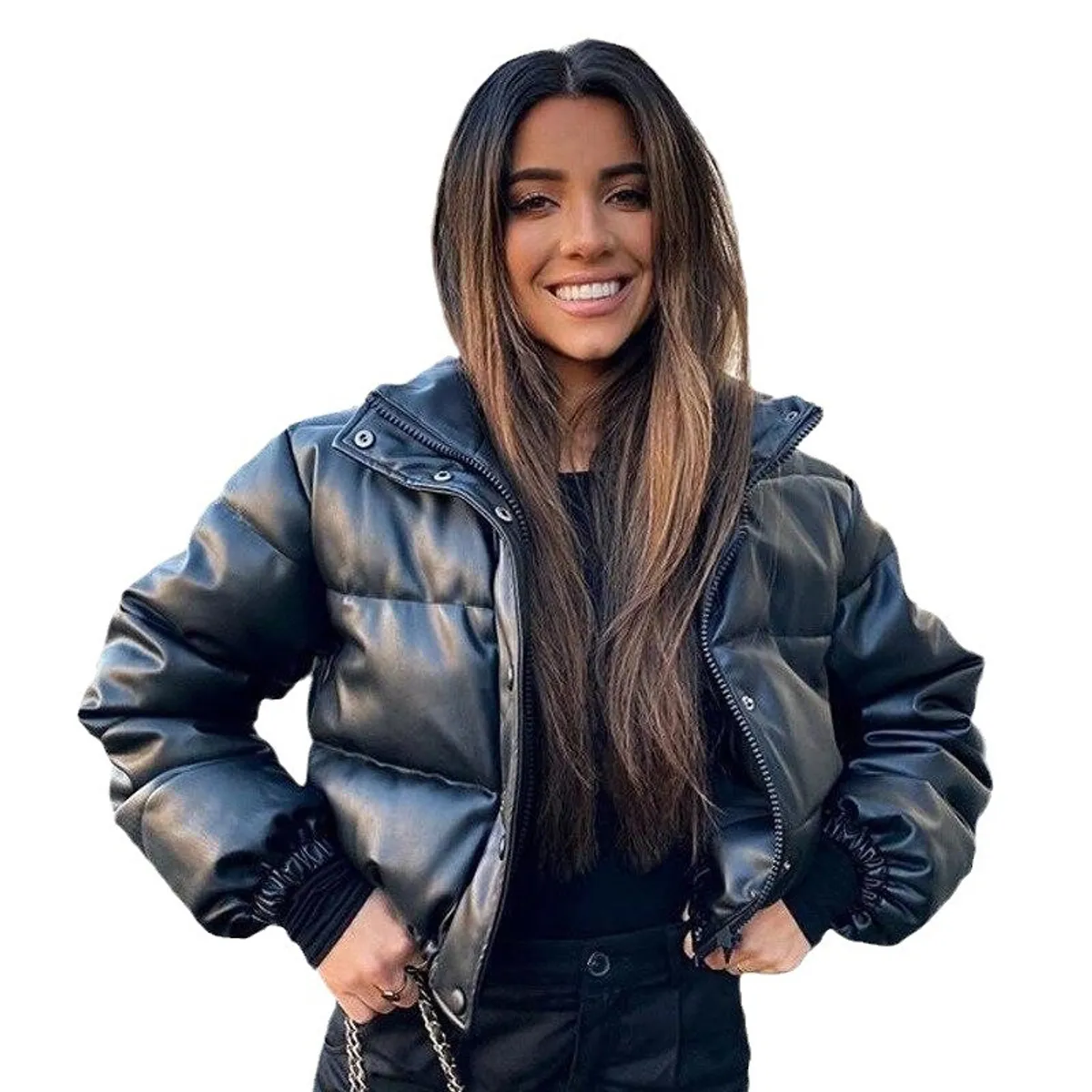 GIOIO - Chaqueta Mujer PU Cuello Alto Corta Abrigo Acolchado