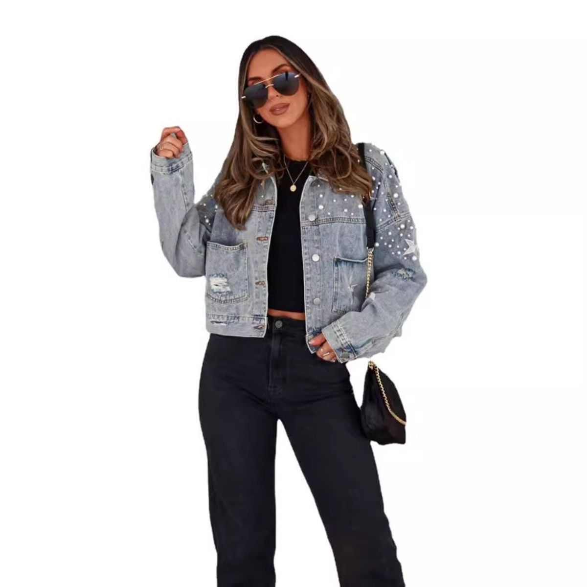 GIOIO - Chaqueta Mujer Denim Bordado Cuentas Oversize Casual